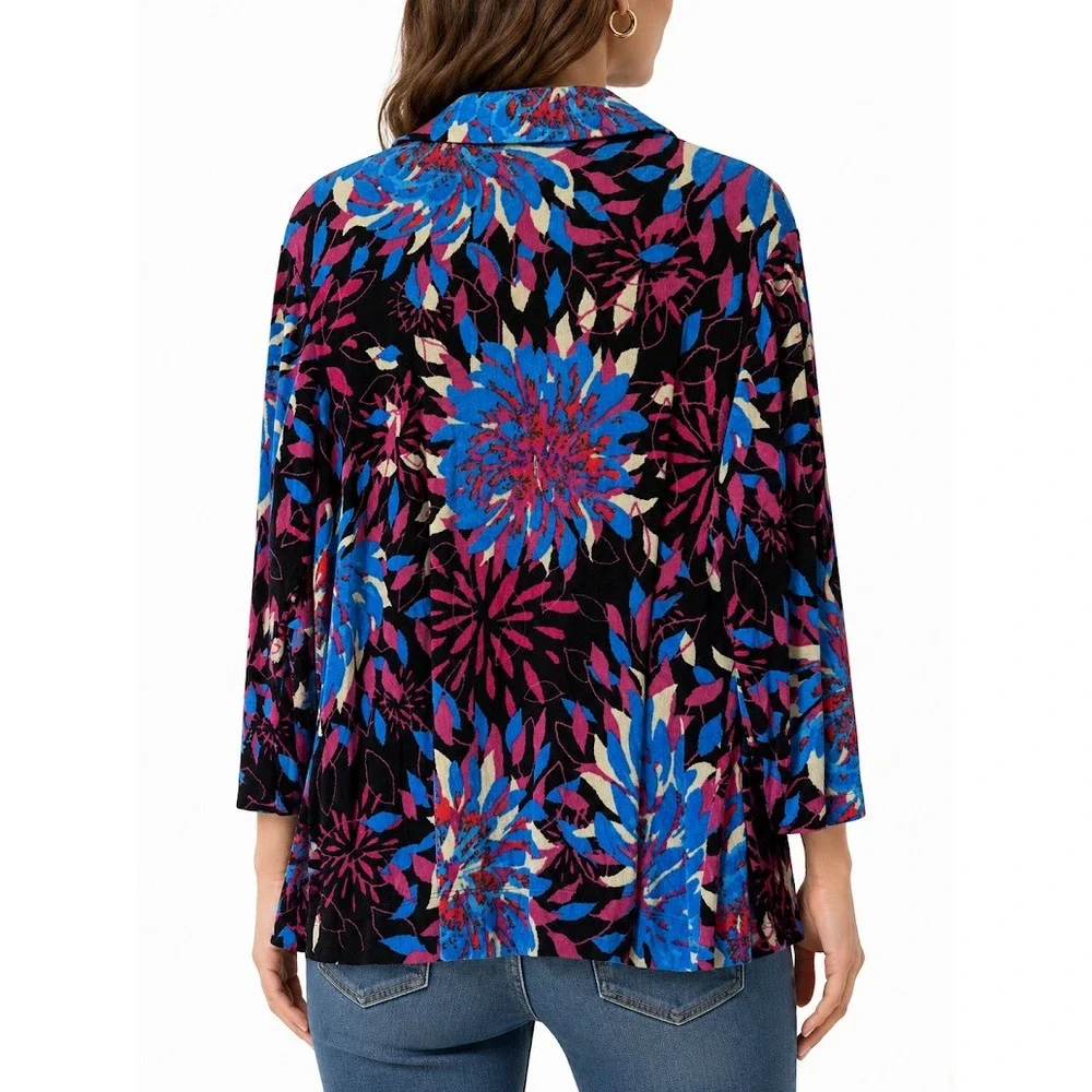 Chico's Travelers Jacket Women Size 2 Multicolor Floral Knit Open Front Casual